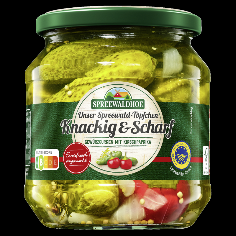 Spreewaldhof Gewürzgürkchen, feurig-scharf gewürzt
530g