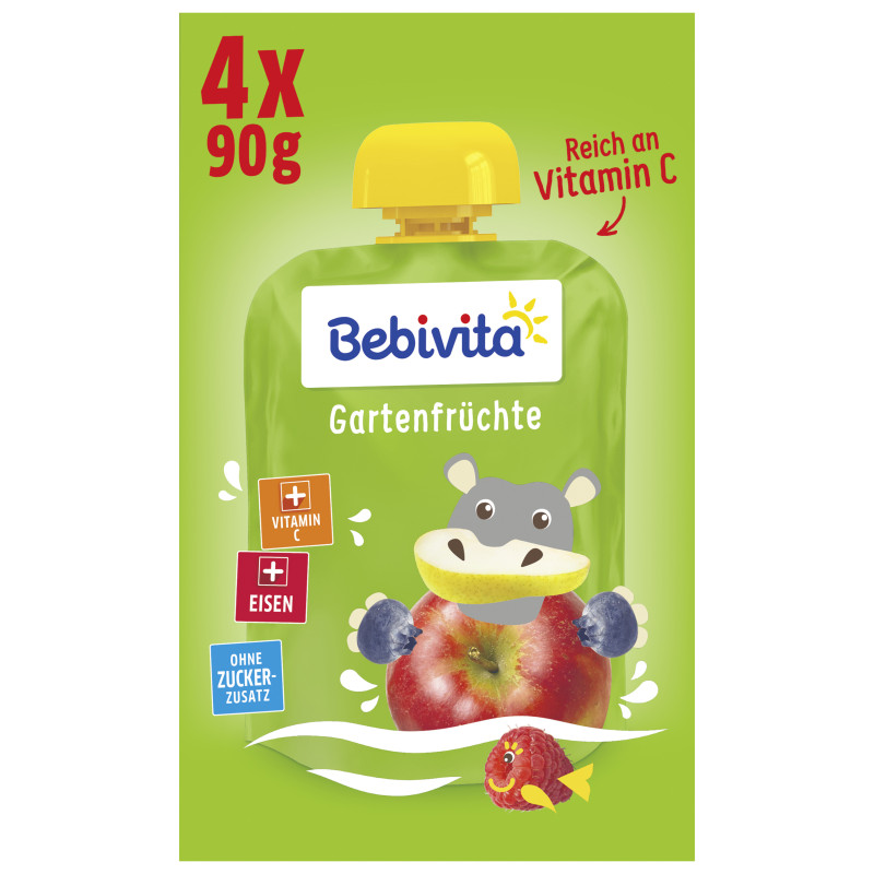 Bebivita Squeeze Pouch Fruit plus Iron Garden Fruits, 4 x 90g