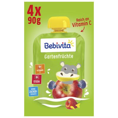 Bebivita Quetschbeutel Frucht plus Eisen Gartenfrüchte, 4 x 90g