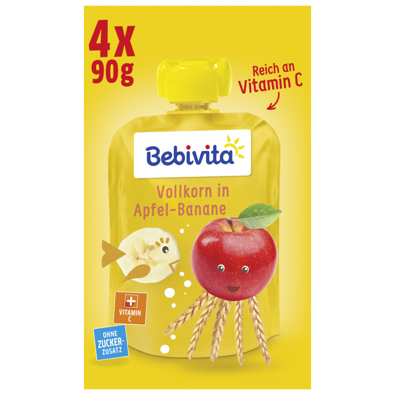 Bebivita Kinder-Spaß Frucht und Getreide: Vollkorn in Apfel-Banane, 4 x 90g