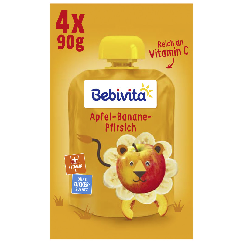 Bebivita Quetschbeutel Frucht Apfel-Banane-Pfirsich, 4x90g