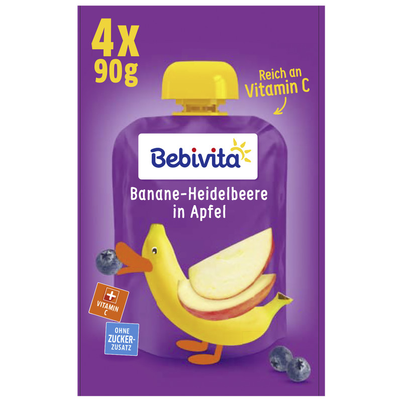 Bebivita Quetschbeutel Frucht Banane-Heidelbeere in Apfel, 4x90g