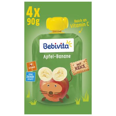 Bebivita Quetschbeutel Frucht und Keks, Apfel-Banane mit Keks, 4x90g