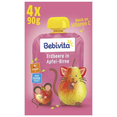 Bebivita Quetschbeutel Frucht Erdbeere in Apfel-Birne, 4 x 90g