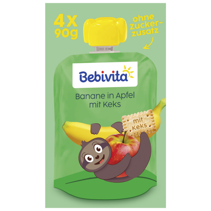 Bebivita Squeeze Bag Fruit and Biscuit Banana in Apple with Biscuit, 4x90g