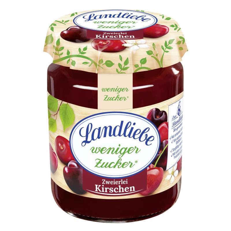 Landliebe less sugar, fruit spread, 180g double cherry