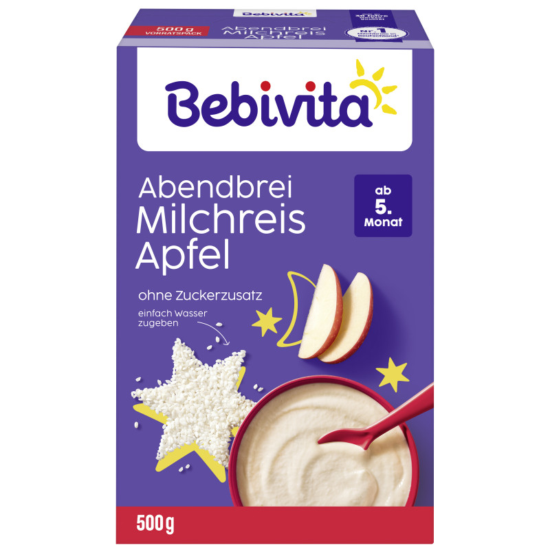 Bebivita Milchbreie ohne Zuckerzusatz Abendbrei Milchreis mit Apfel, 500g