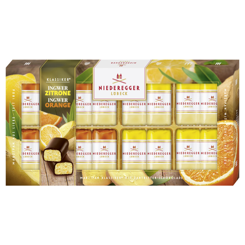 Niederegger Marzipan Klassiker Duo Ingwer-Orange und Ingwer-Zitrone in Zartbitter-Schokolade 200g