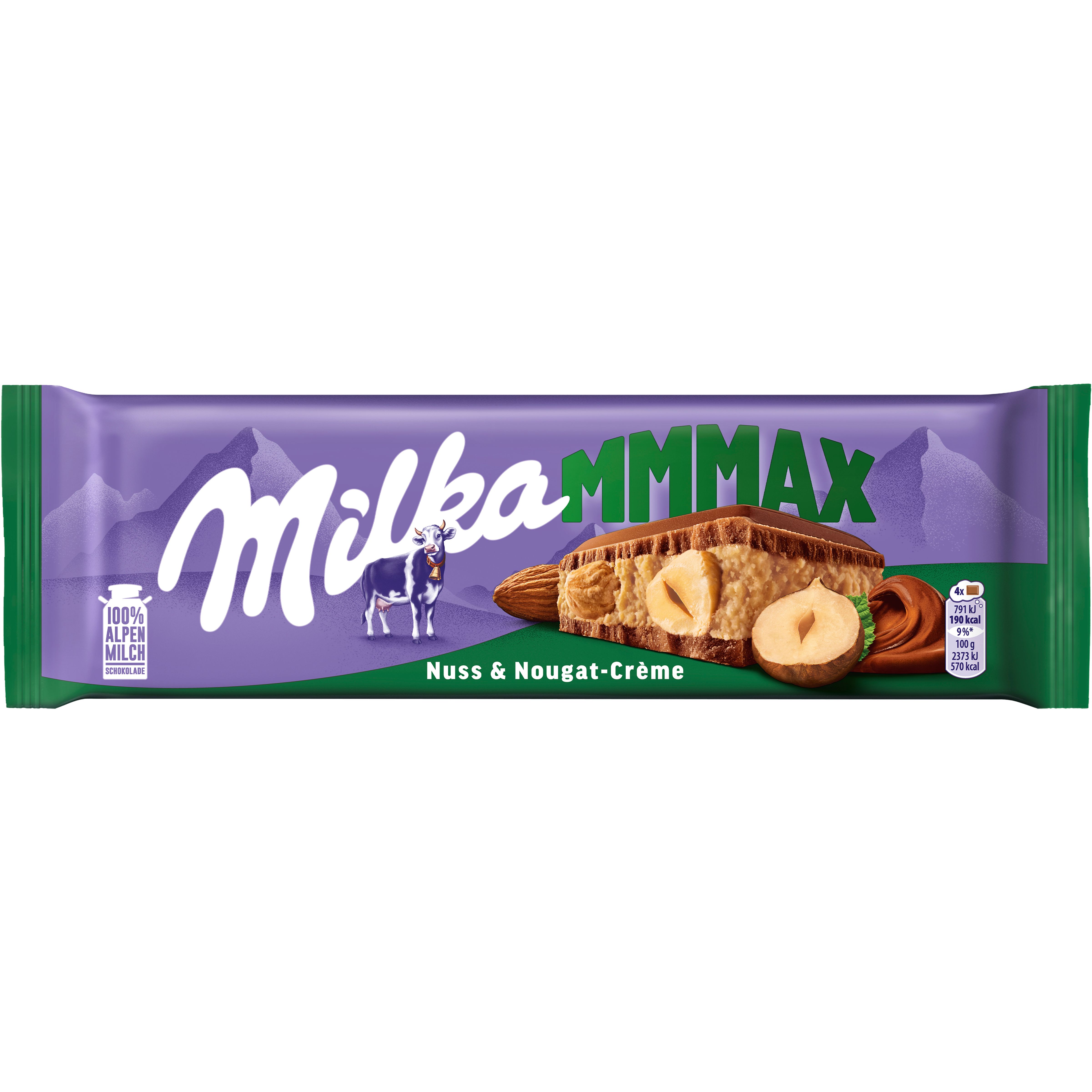 Milka Alpine Milk Chocolate with Nougat Cream Filling and Hazelnuts 300g