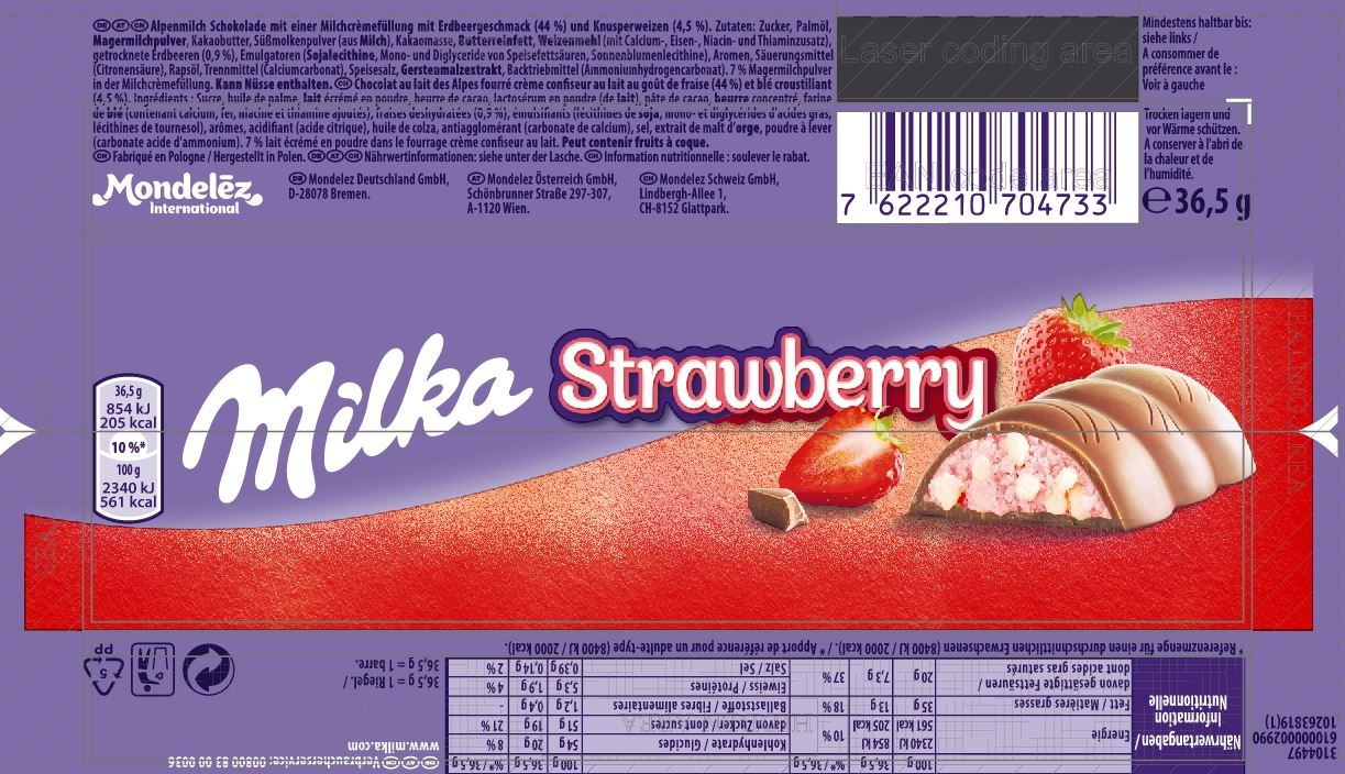 Milka Alpine Milk Chocolate with Strawberry Crème 36.5g