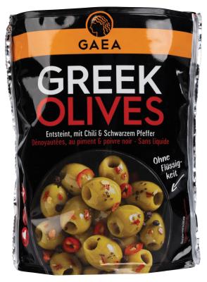 Gäa Greek Pitted Green Olives Chili & Black Pepper 150g